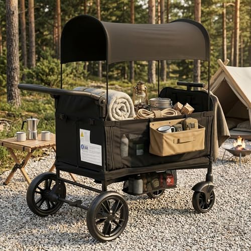SACOOL Bollerwagen für 2 Kinder, faltbar, Schwarz, 8-Fach Verstellbarer gepolsterter Griff, Sonnendach, Tablett, 5-Punkt-Sicherheitsgurt, kompakt klappbar