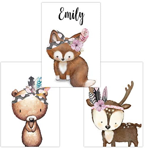 Olgs Wandbilder 3er Set personalisiert für Babyzimmer Deko | Kunstdruck DIN A4 | Dekoration Kinderzimmer Poster mit Namen (3er Set Fuchs Bär Hirsch Baby Tiere Boho)