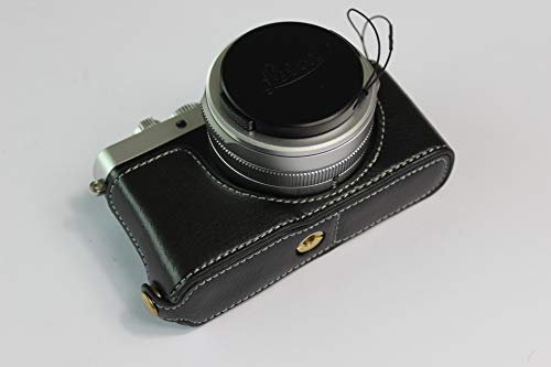 BolinUS D-Lux 7 Hülle, handgefertigt, echtes Leder, Halb-Kameratasche für Leica D-Lux 7, Version unten mit Handschlaufe, Schwarz