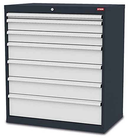 STIER Schubladenschrank aus stabiler Stahlkonstruktion und Kugelführung, 7 verzinkte Schubladen, Werkstatt/Industrie/Büro, Maße: BxTxH 900x575x1020 mm, Werkstattschrank mit glatten Seitenwänden