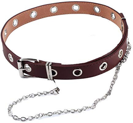 JIER Doppelloch Nietengürtel Damen Punkgürtel Stretchgürtel Gürtel Ledergürtel Jeansgürtel Mode Hohl Punk Gürtel Style Hosen Gürtel Mit Kette (Braun 1)