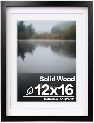 EGOFINE 12x16 Picture Frame Black - Solid Wood Frame With Plexiglass Front and 11x14 Mat for Table Top and Wall Mounting