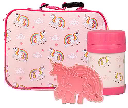 Bentology Lunch Bag and Box Set for Kids - Unicorn - Girls Insulated Lunchbox Sleeve, Insulated Food Jar, and Reusable Ice Pack Set