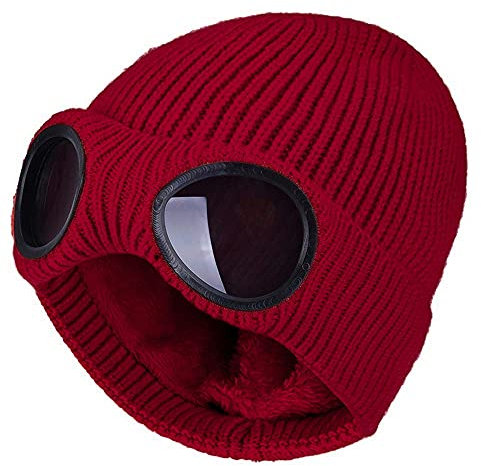 TecHong Unisex Knitted Goggles Beanie - Winter Stylish Skull Warm Cap, Outdoor Sports Fashion Fleece Lining Stretchy Hat, Wine Red, 6 7/8-7 1/2