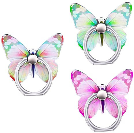 Cobee 3 Stück Schmetterlings Handy Ring Ständer b UNT niedliches Schmetterlingsmuster bemalter Fingerständer 360° drehbarer Handy Ringhalter Handy Ring Handgriff mit Knaufschlaufe(Rosa,Gelb,Grün)