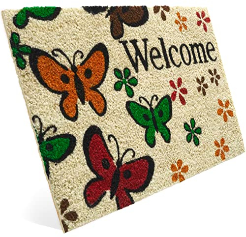 Entrando Fussmatte aus Kokos 40x60 cm - 20 Stillvolle Motiven - für außen, robust, rutschfest - ideal für überdachte Haustür (Schmetterling)