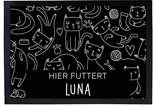 Napfunterlage Katzen personalisiert mit Namen Geschenk für Katzenbesitzer Katzenmama Katzenpapa rutschfest & waschbar schwarz (Hier futtert - 40x60cm)