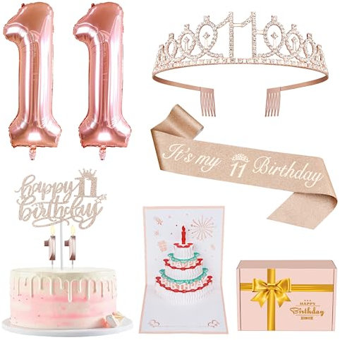 Dekorationen zum 11. Geburtstag für Mädchen, einschließlich Schärpe und Tiara, 11 Kerzen und Kuchenaufsätze, rotgoldene Luftballons, 3D-Geburtstagskarte, Barbie-Geburtstagsgeschenke zum 11. Geburtstag