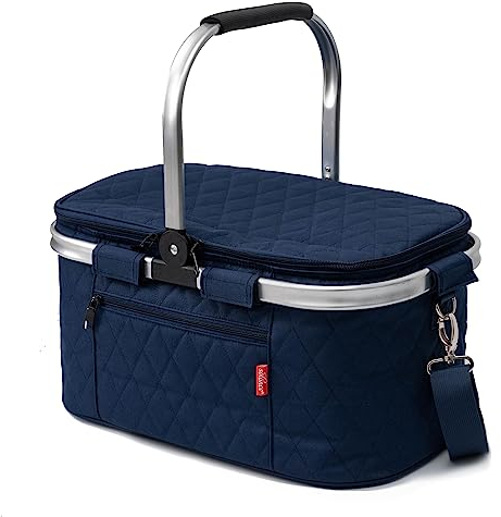 Solance - Cesta Plegable Impermeable Grande para Picnic, Compras o Nevera con Correa - 25 L (Azul Marino Acolchado)