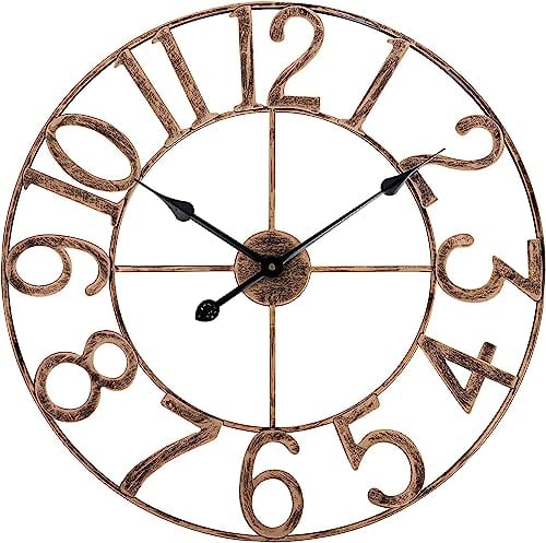SkyNature Wanduhr Ohne Tickgeräusche, 47cm Groß Vintage Metall Dekor Wanduhren, Leise Runde Bronze Industrie Uhr, Analog Wanduhr für Wohnzimmer, Küche, Schlafzimmer, Büro - Bronze