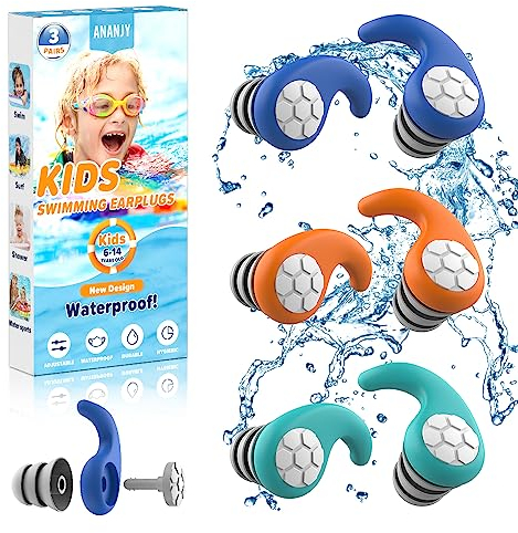Waterproof Swimming Ear Plugs for Kids - 3 Pairs of Reusable Soft Silicone Swim Earplugs,Ear Protection for Children (4-12 Years Old) - Ideal for Surfing, Diving, Pool, Showering, and Water Sports