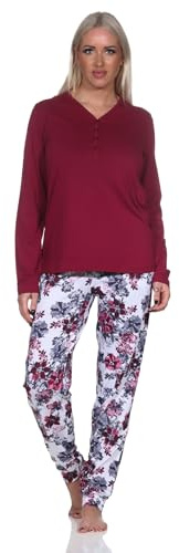 Normann Damen Schlafanzug Langarm Pyjama in floralem Design auch in Übergrössen, Farbe:Beere, Größe:44-46
