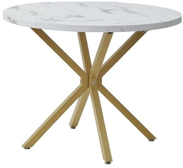 EGOONM Table de Salle à Manger Ronde en Imitation Marbre, Table de Cuisine Moderne avec Pieds en Métal pour Salle à Manger, Cuisine, Salon, etc. (Blanc/Or)