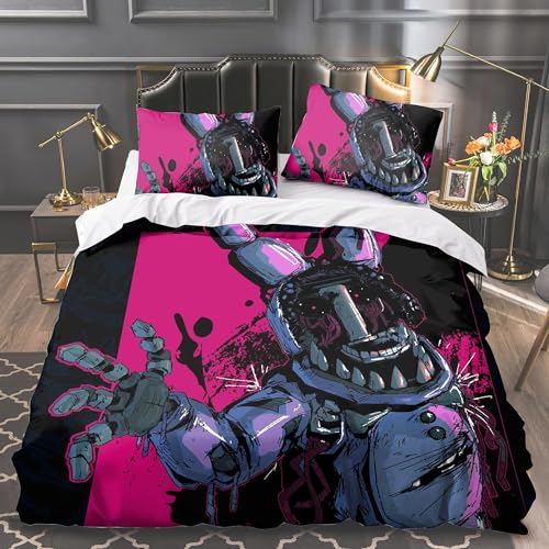 GOBIWM FNAF Bettwäsche-Set, 3-teilig, 3D-Druck, für Doppelbett, Einzelbett, King-Size-Bett, Kissenbezug, Schlafzimmerdekoration, allgemein für Erwachsene und Kinder (Typ 1, 135 x 200 cm)