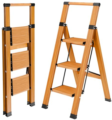 KULACO Escalera con Pasamanos Antideslizante, 3 Peldaños, Plegable, de Aluminio, Hasta 150 kg, Portátil en Aspecto de Madera, Doméstica con Pedal Ancho
