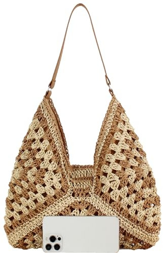 Grand sac besace en paille pour femme - Style bohème aztèque - Sac à bandoulière tissé - Sac de plage pour l'été, les vacances, le travail, Style 1 - kaki, Taille unique