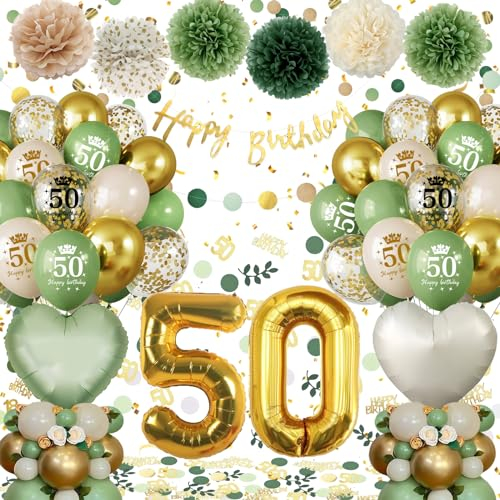 50th Birthday Decoration for Women, Sage Green Gold Balloons Happy Birthday Banner, 50th Foil Confetti Latex Balloons for Party Decorations