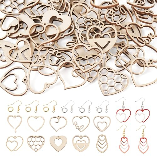 PandaHall Filigrane baumelnde Ohrringe, Holzrohlinge, geometrische Herz-Holzanhänger, Anhänger für Boho-Ohrringe, Schmuckherstellung, 60 Stück