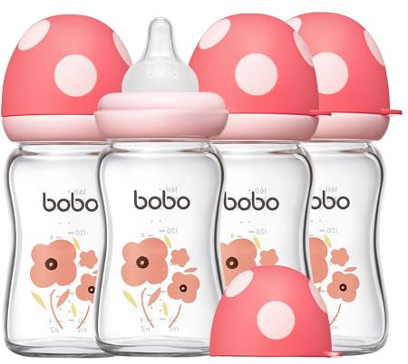YOHKOH Natural Response Weithals-Babyflasche aus Glas, Anti-Kolik Baby Glas Flaschen mit Ultraweiches Silikon-Sauger, für Neugeborene Babys (Rot, 160ml (4er Pack))