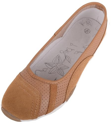 Womens Genuine Leather Slip On Casual Ballerina Style Pump Dolly Shoes - Tan - UK 4