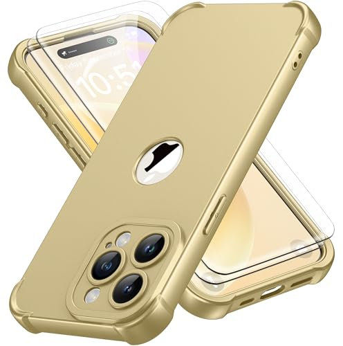 ORETECH for iPhone 15 Pro Max Case 6.7 inch, with [2 Pack Screen Protector] [Camera Lens Guard] [15FT Military Grade Drop Test] 360° Shockproof Slim Fit Design Rubber Bumper Phone Cover - Gold