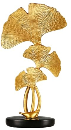 Zyqixluk Ginkgoblatt-Statue, Blatt aus Kunstharz, Heimdekoration, Pflanzenimitat mit Sockel, Statuen für Zuhause, Büro, Veranda, Ornamente, Bar, Tischdekoration,Gold
