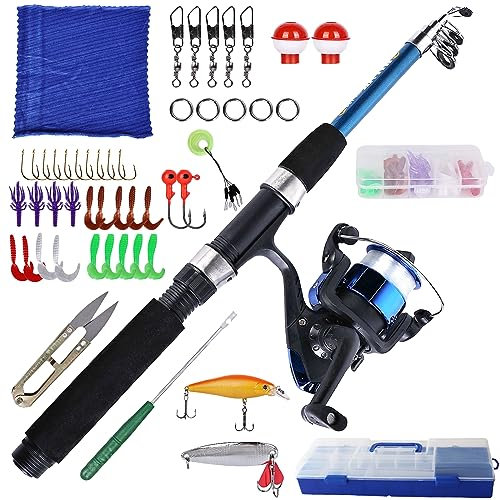 Asfrode Set da pesca per bambini, con mulinello da pesca ed esca, canna da pesca telescopica, in fibra di carbonio, 1,5 m e mulinello da pesca, accessori da pesca per bambini dai 3 ai 10 anni