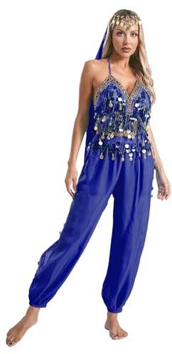 Yruioon 3tlg.Damen Bauchtanz Kostüm Pailletten Bauchtanz Oberteil + Bauchtanz Hose + Kopftuch Bauchtänzerin Indische Tanzkleidung Royal Blau Einheitsgröße