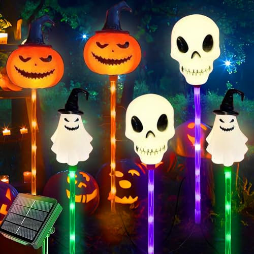 Halloween Solarlampen, 6 Stück Halloween Deko Garten Kürbis Geister Totenkopf, Deko Outdoor Solar, Wetterfest Patio Solarlampen Deko für Außen