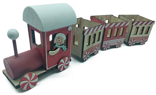 Acan Tradineur - Tren navideño de Madera de 39 cm - Diseño de Caramelos y Galletas - Decoración navideña - Ideal para dejarlo Debajo de árbol - Color Rojo y Blanco