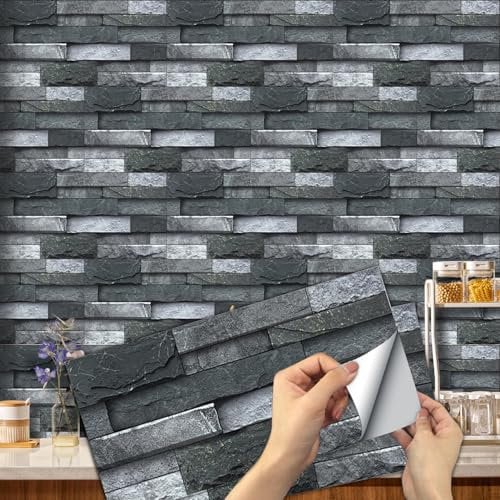 12pcs Kitchen and Bathroom Tile Stickers, Stick on Tiles Waterproof Vinyl Self Adhesive Wall Tile Peel and Stick Tiles Decals for Living Room - 30x15cm (Black)