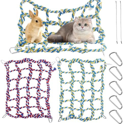 2Pcs Colorful Rat Cage Accessories with 8Pcs Slackline, Woven Climbing Net Pet Hammock Netting Toy Hanging Hammock Net with 4 Hooks Small Animal Supplies Rope Ladder for Parrot Bird Hamster Squirrel