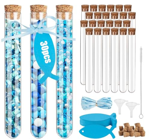 RYAN 30 Stück Reagenzgläser mit Korken 15x150mm Reagenzgläser für Blumen mit blauer Karte und Langem Band Geliefert und Trichter für Gastgeschenk Hochzeits Deko Badesalz Gefüllt Reagenzgläser