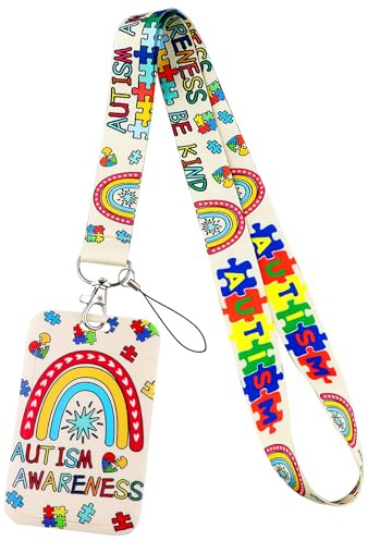Siliget Schlüsselband für Autismus mit Kartenhalter, versteckter Ausweishalter für Menschen mit Behinderung, Regenbogen-Schlüsselanhänger zur Autismus-Bewusstseinsförderung, für Kinder, Jugendliche
