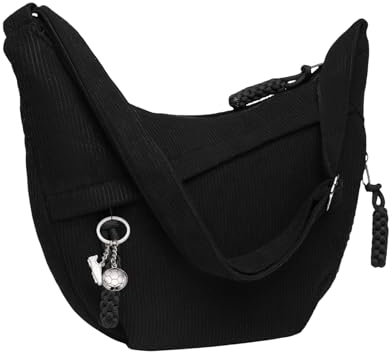 Crossbody Bag Damen Umhängetasche, Stylisch Bauchtasche Damen Cord Tasche Casual Schultertasche Moon Bag, Halbmond Handtasche mit Verstellbarer Breiter Gurt für Alltag, Büro, Schulausflug (Schwarz)
