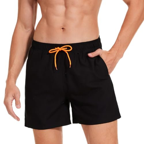 AMZSPORT Badehose Herren Wasserabweisend Badeshorts Schwimmhose mit Mesh-Futter und Taschen, Schwarz L