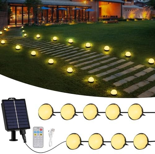 Litark Lámpara Solar Para el suelo,12M 30 LED Luces Solares Exterior Jardin con Control remoto,8 Modos, Iluminacion Exterior Solar para Pasillo, Camino, Césped, Paisaje (Blanco Cálido)
