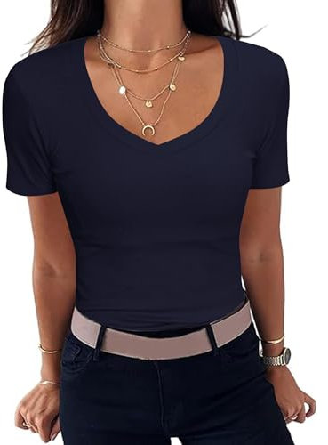 Aottori T Shirt Donna con Scollo a V Cotone Magliette a Maniche Corte Estivo Tops a Costine Elegante Basic Shirt Tinta Unita Maglia Sexy Casual Blu Scuro L
