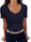 Aottori T Shirt Donna con Scollo a V Cotone Magliette a Maniche Corte Estivo Tops a Costine Elegante Basic Shirt Tinta Unita Maglia Sexy Casual Blu Scuro L