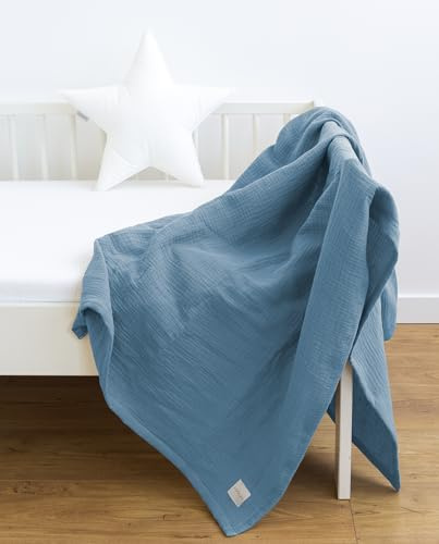 LOOLAY Musselin Decke 150x200cm – 100% Europäische Baumwolle – Leicht Atmungsaktiv – musselindecke Sommer für Kinder – Wickeldecke, Reisedecke und Strandtuch (Meerblau)