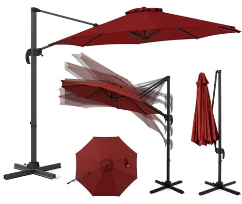 RELAX4LIFE Parasol Déporté 3x3M Rotatif à 360° avec 5 Angles d’Inclinaison Réglables, Parasol de Jardin Extérieur Inclinable avec 8 Baleines pour Jardin Plage Piscine (base croisée,Rouge)