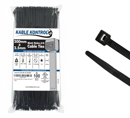 Kable Kontrol Black Cable Ties, 200 mm x 2.5 mm, Pack of 100, 8 Premium Nylon Zip Ties, Multi-Purpose Plastic Tie Wraps, Secure Self-Locking Mechanism, for Home, Garden, Office and DIY