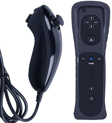 MOVHEIYL Replacement Remote Controller for Wii & Wii U, Built-in 2 in 1 Motion Plus with Silicon Case and Nunchuck (Black)