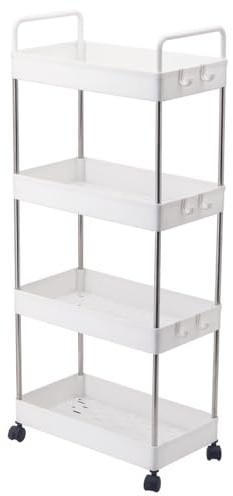 White 4 Tier Rolling Storage Cart with Locking Wheels & Side Hooks – Slim Utility Organizer Trolley for Bathroom, Kitchen, Laundry or Office – Space Saving Shelf Unit