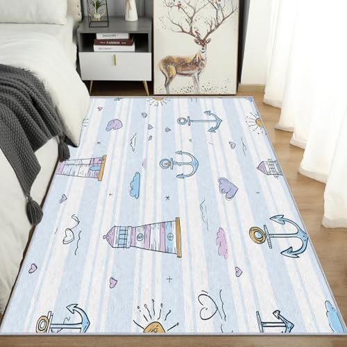 AUWUUA Blau-weiß gestreifter Kinderteppich 50x70cm Cartoon Nautisches Anker Leuchtturm Weicher, waschbarer, Rutschfester Teppiche für Schlafzimmer, Esszimmer, Büro, Fußmatte