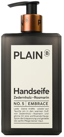 PLAIN B Handseife | NO. 5 EMBRACE | Zedernholz & Rosmarin | rückfettende Formulierung für weiche Hände | Flüssigseife im Pumpspender | aromatisch, vegan | 250 ml
