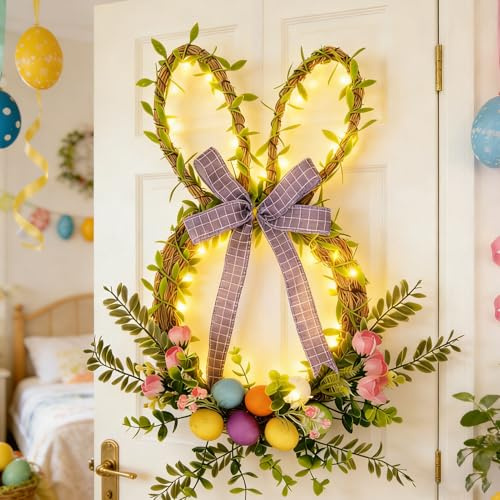 Osterdeko Hase Kranz mit LED Licht Ostern Beleuchtet Osterkranz Türkranz Haustür mit Ostereier Schleifen Osterdeko zum Aufhängen Türkranz Frühling für Zuhause Veranda Frühlingsparty