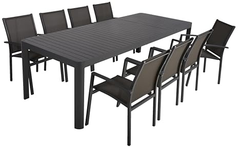 DELUKE Garten-Sitzgruppe Elina 9-TLG. - Kunststoff, Dunkelgrau | Gartenmöbel-Set Gartengarnitur Garten-Essgruppe mit Stühlen und Esstisch