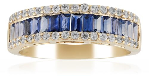 Cavill Blauer Ceylon-Saphir Ring 375er Gelbgold mit 16 Baguette-Saphiren und 36 Rundschliff-Zirkonia, 1,573 ct Gesamt, moderater Bandring aus Sri Lanka, Größe 17/18