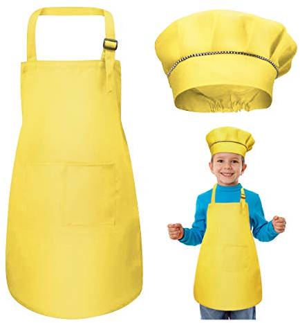 Niños Delantal y Gorro de Cocinero, Ajustable Delantal Infantil Con 2 Bolsillos para Niños Niñas, Niñito Delantales de Cocina de Chef para Cocinar Hornear Pintar Artesanía (7-13 Años) (Amarillo)